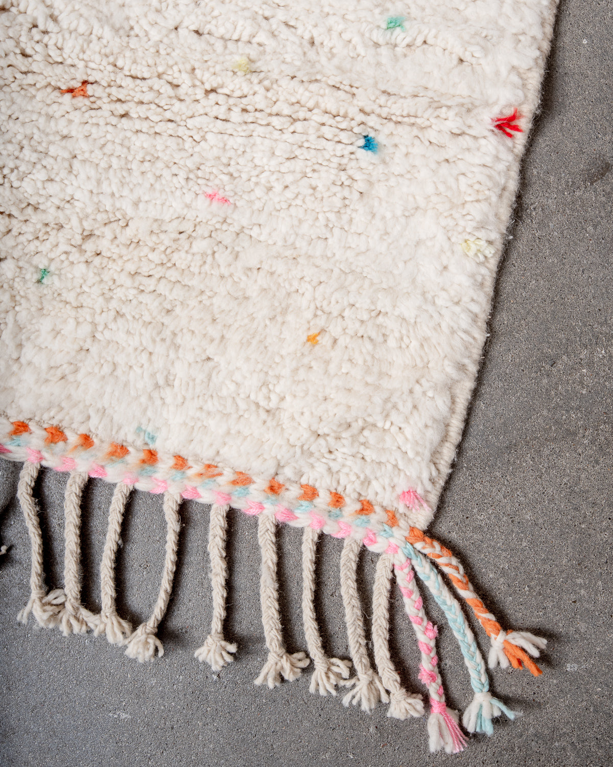 Modern, designer, handcrafted Berber rug from Morocco. Beniourain carpet with beautiful colours and patterns and fluffy wool texture.